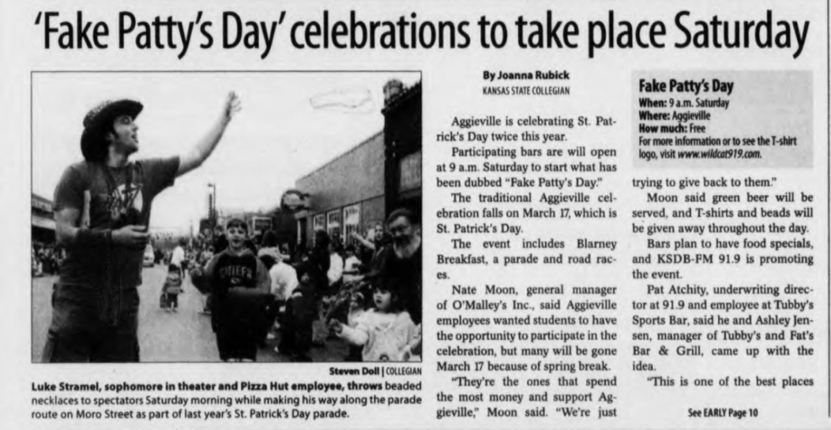 A Collegian newspaper clipping covering the first Fake Pattys Day in 2007.