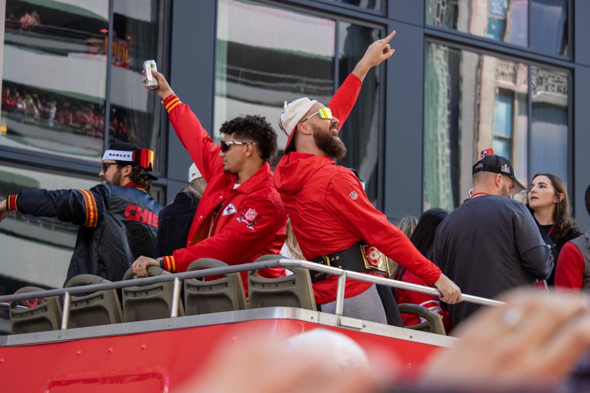 Chiefs quarterback Patrick Mahomes II and tight end Travis Kelce amp up the city during the Super Bowl LVIII victory parade in Kansas City, Missouri on Feb. 14. The Chiefs won the 58th Super Bowl in overtime 25-22.