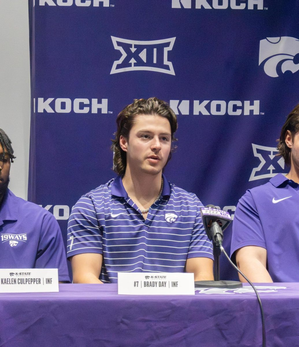 Second baseman Brady Day talks to the media in a preview of the upcoming season. Day said during the press conference that he returned to K-State despite being drafted by the Atlanta Braves because of the culture and a want to make the NCAA Tournament with the team. 