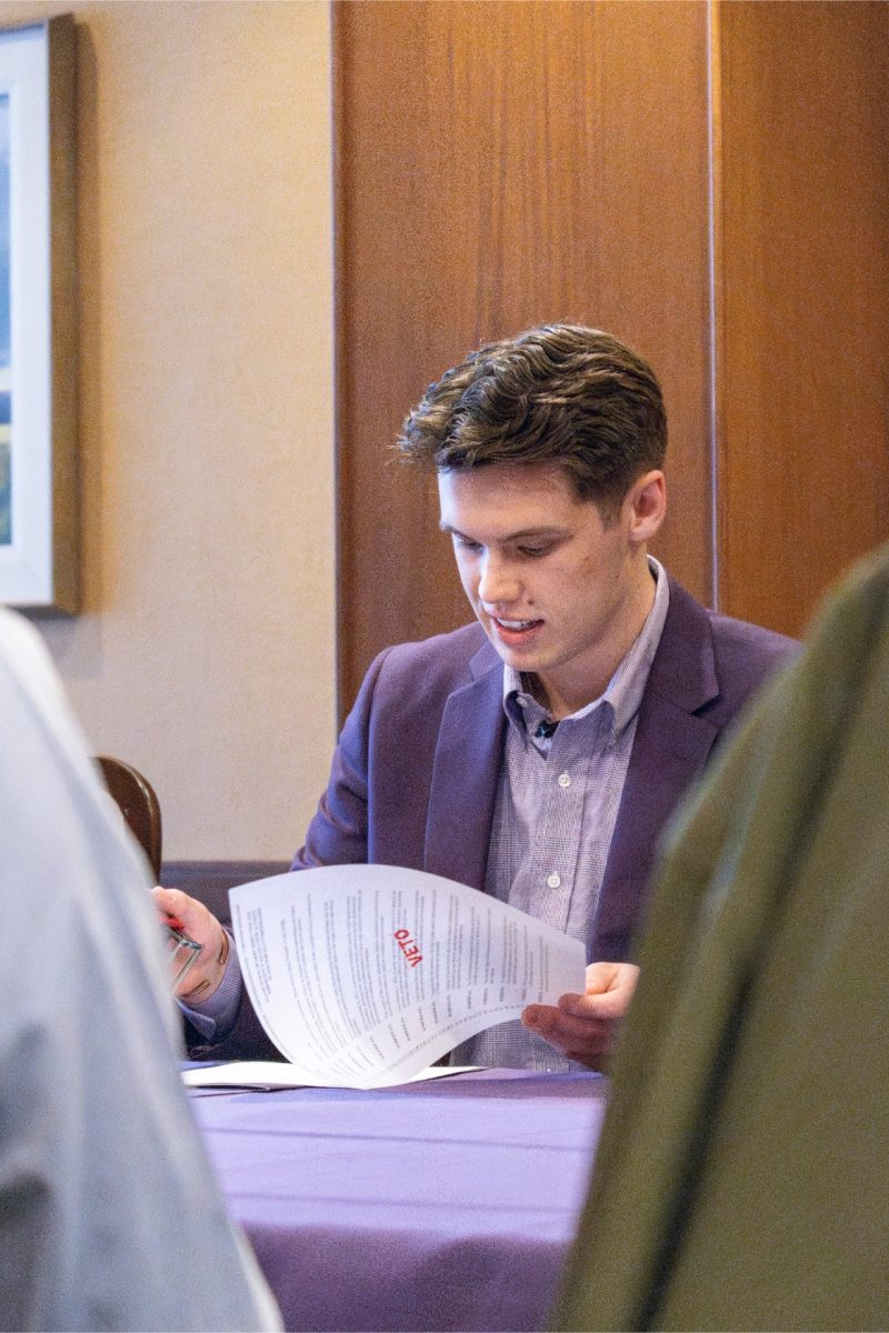 Student Body President Caleb Stout vetoed Bill 23/24/81 on Thursday. The bill would have offered student senators compensation such as designated parking passes.