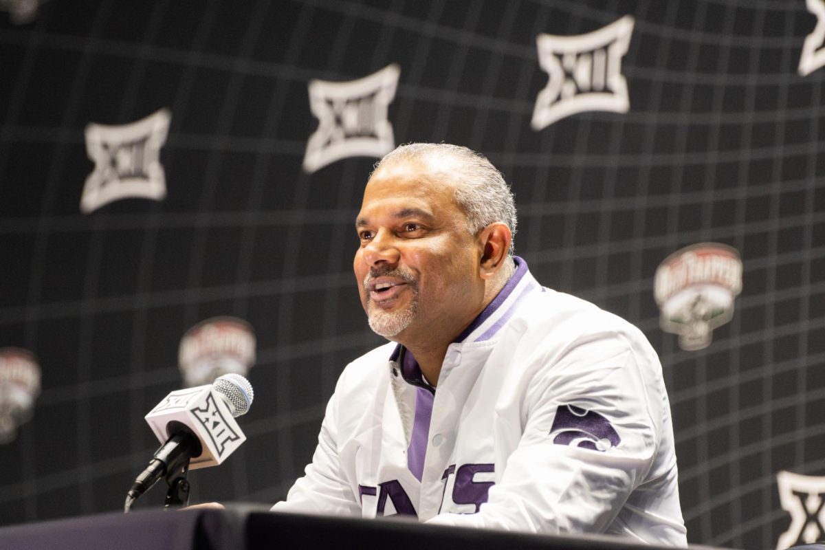 Head coach Jerome Tang answers questions during Big 12 Media Days on Oct. 18, 2023 in Kansas City, Mo. On Thursday, after losing to Iowa State 76-57 in the Big 12 tournament quarterfinals, Tang laid out his case for why K-State deserved to be in March Madness. (Archive photo)