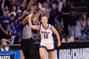 Guard Gabby Gregory hypes herself and the crowd up during her performance against Colorado during K-States round of 32 matchup in Manhattan. Gregory transferred to K-State in 2022 and played for two years, becoming a fan favorite among the fanbase.