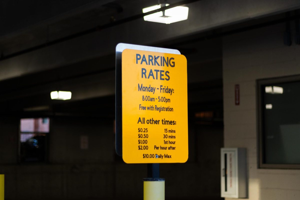 In the entrance of the Aggieville Garage, a sign displays the parking rates. Currently, parking is free from 8 a.m. to 5 p.m. Monday through Friday due to recent construction in Aggieville. 