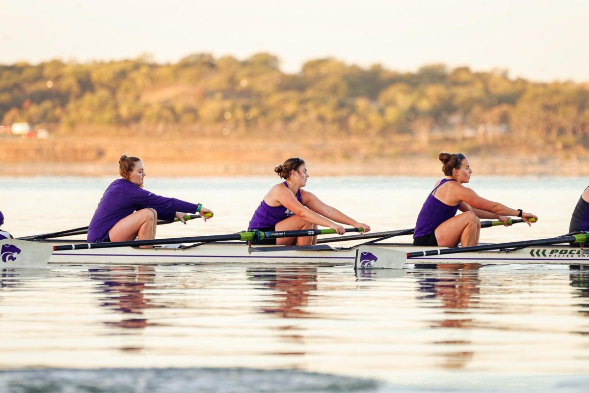 Kansas State rowing practices at Tuttle Creek Lake. The Wildcats will take on rival Kansas in the Sunflower Showdown in Kansas City, Kan on Saturday, May 4. Photo Courtesy of K-State Athletics.