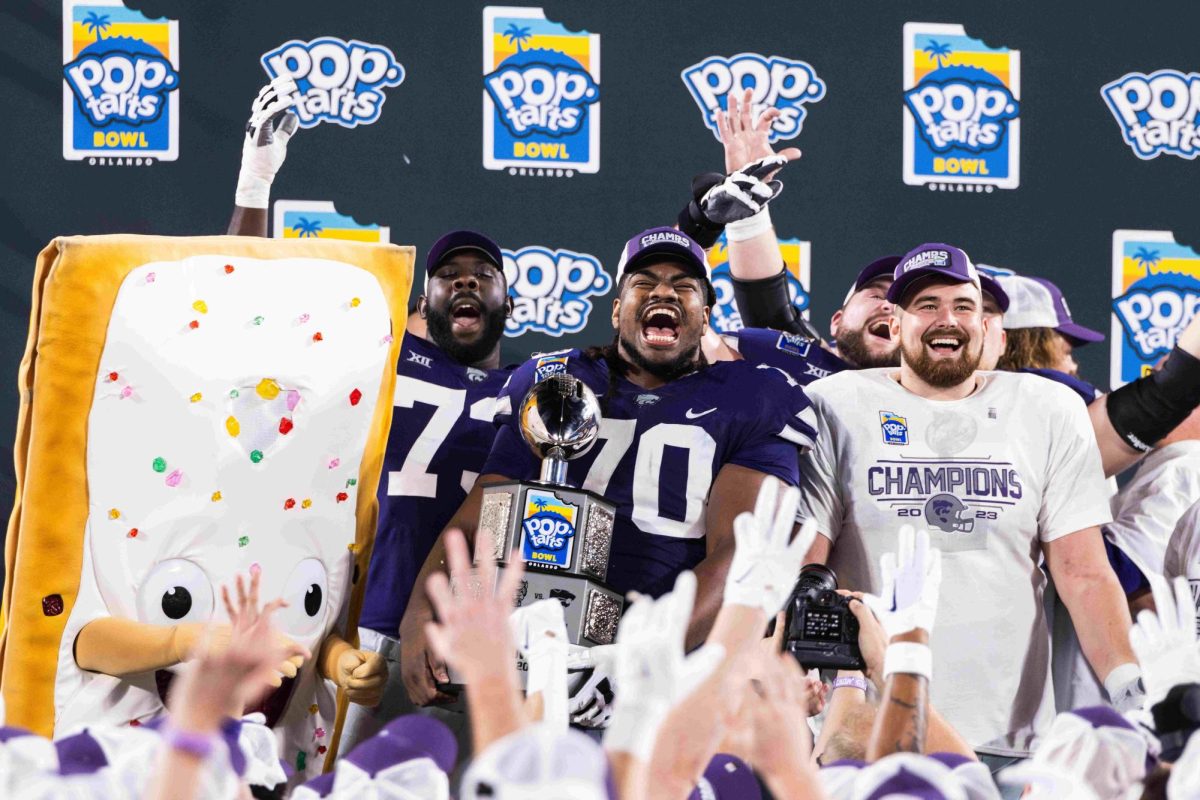 Senior offensive lineman KT Leveston celebrates after winning the Pop-Tarts Bowl. Leveston was drafted by the Los Angeles Rams at No. 254 in the 2024 NFL Draft.
