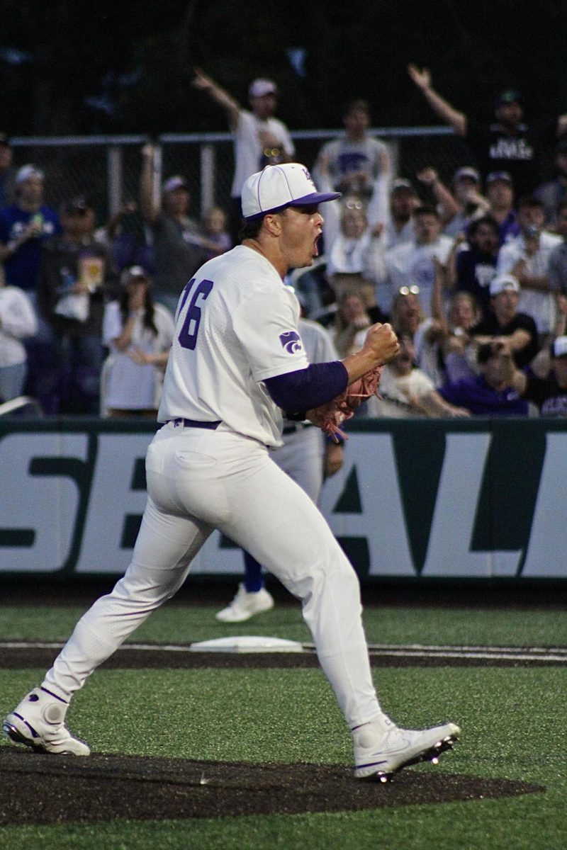 All-American closer Tyson Neighbors celebrates after closing the door on the Jayhawks. K-State won the Sunflower Showdown opener Friday, May 3 at Tointon Family Stadium. 