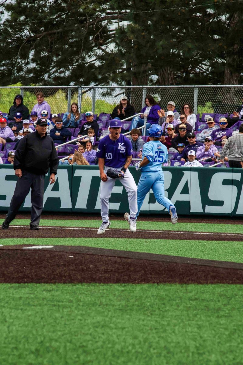 Freshman pitcher Blake Dean celebrates after a clutch out in the Sunflower Showdown. K-State won its third straight series against Kansas May 5, 2024 at Tointon Family Stadium.