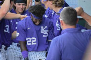 Shortstop Kaelen Culpepper celebrates in the dugout against BYU May 18, 2024. The Wildcats later advanced to the second Super Regional in program history, led by a regional MVP performance from Culpepper.