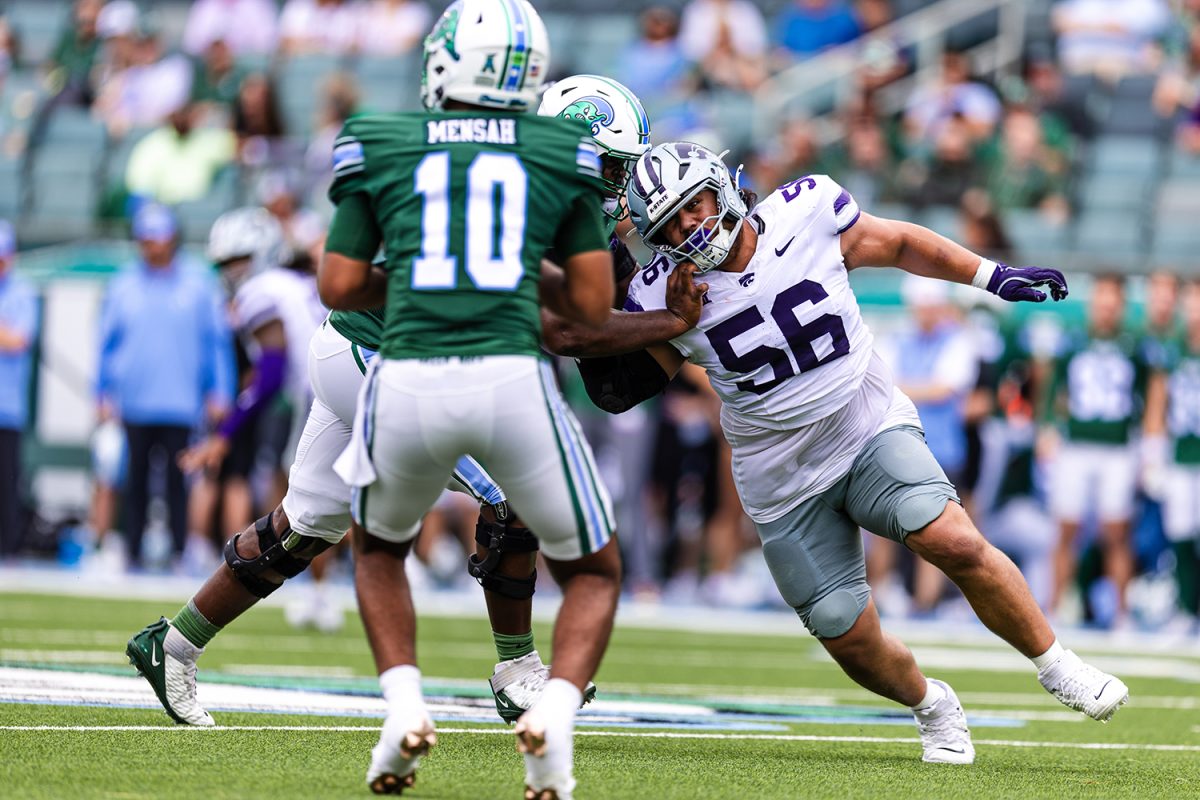 Junior defensive tackle Damian Ilalio rushes the quarterback during K-State’s Week 2 road victory at Tulane. (Photo Courtesy of K-State Athletics)