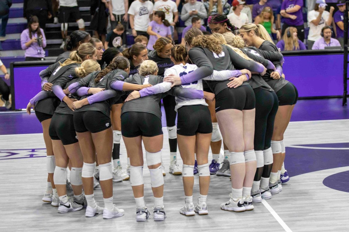 The team rallies together before their match against TCU. The Wildcats defeated the Horned Frogs in a 5-set thriller 3-2 on Sept. 22, 2023 at Morgan Family Arena. 