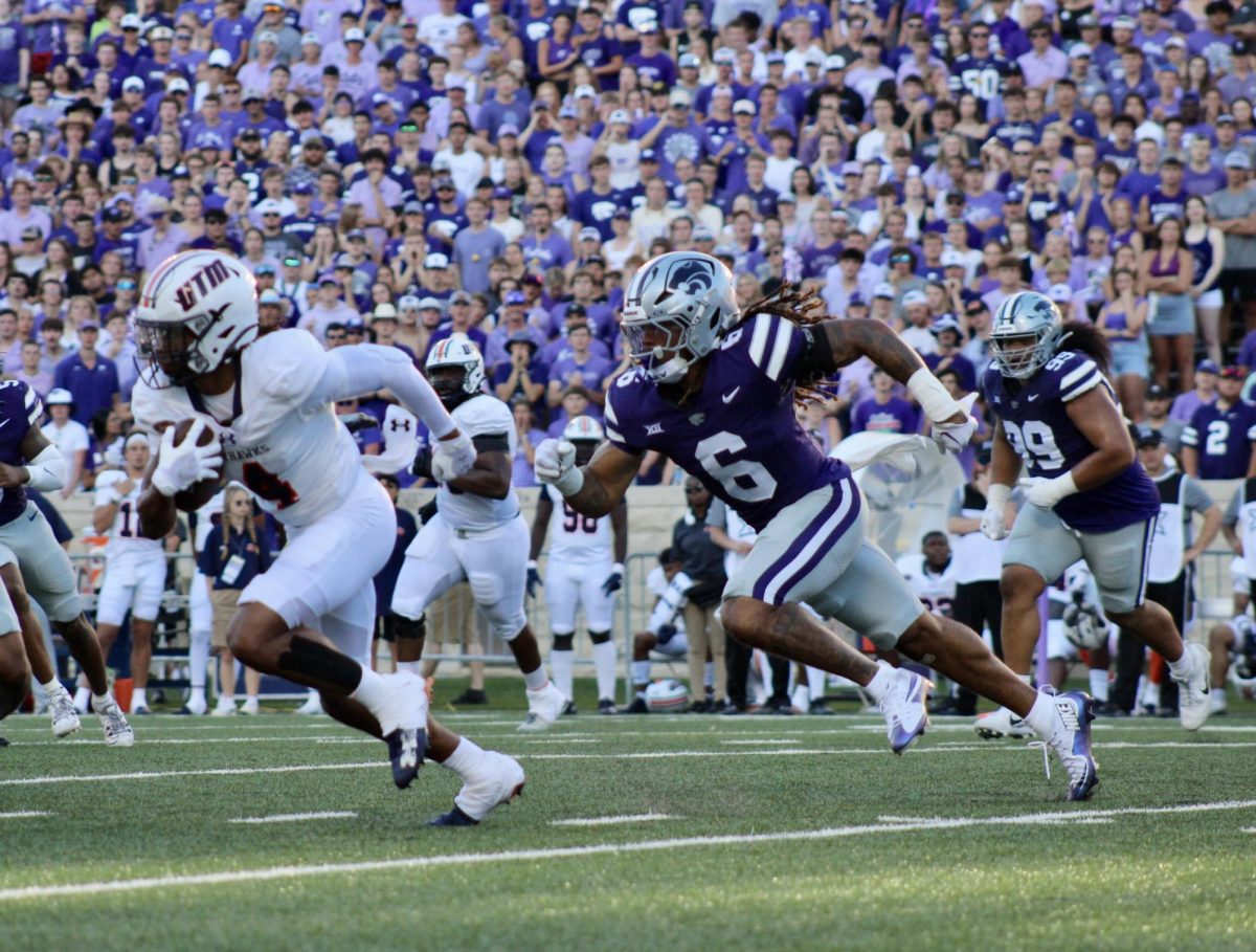 Ball State transfer safety Jordan Riley chases down a UT-Martin player in his Wildcat debut. The K-State defense allowed just 98 passing yards and 36 rushing yards in the 41-6 win on Aug. 31, 2024.