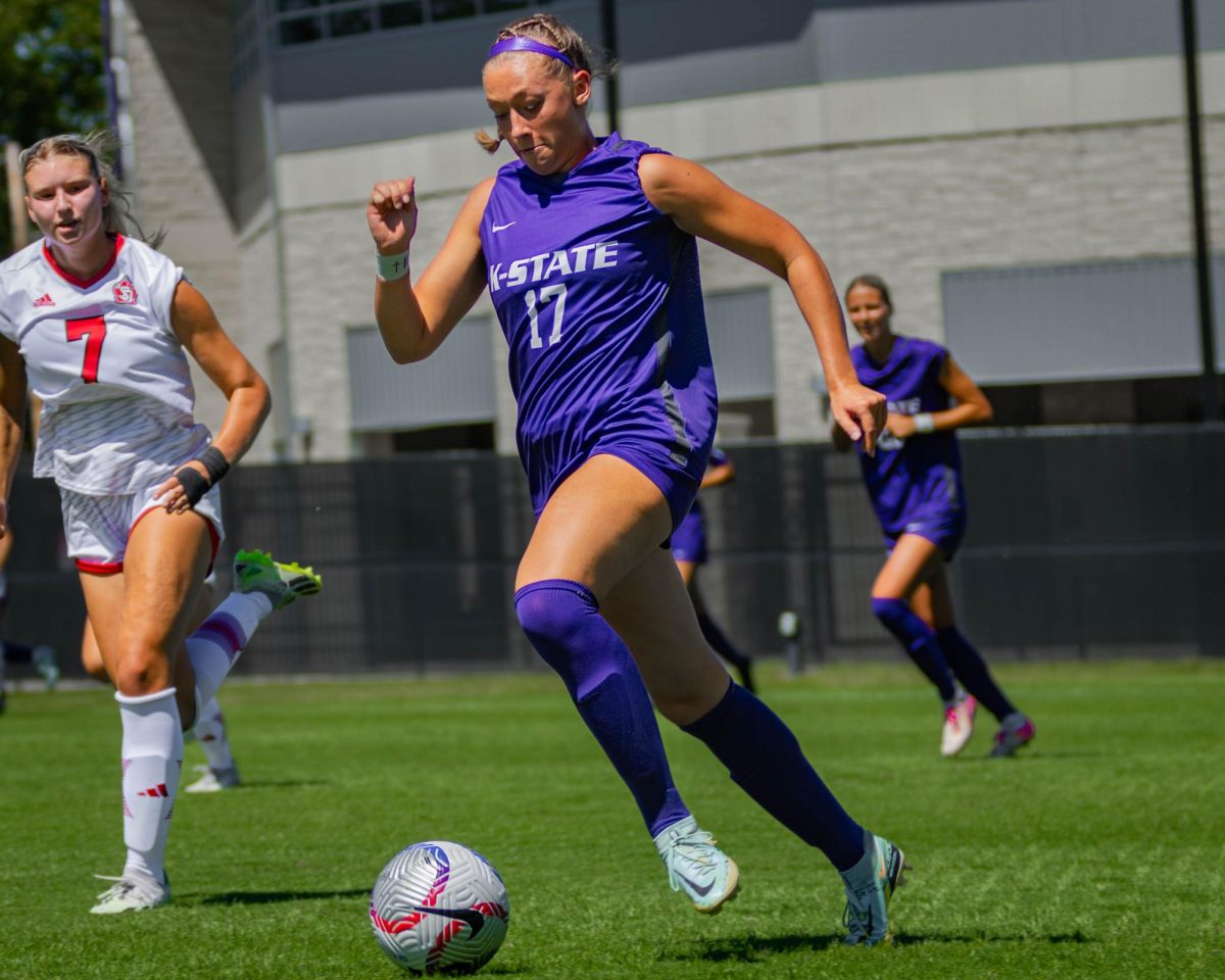 Sophomore forward Jo Sees charges downfield. K-State defeated South Dakota 3-0 in their senior day matchup on Sept. 1. 
