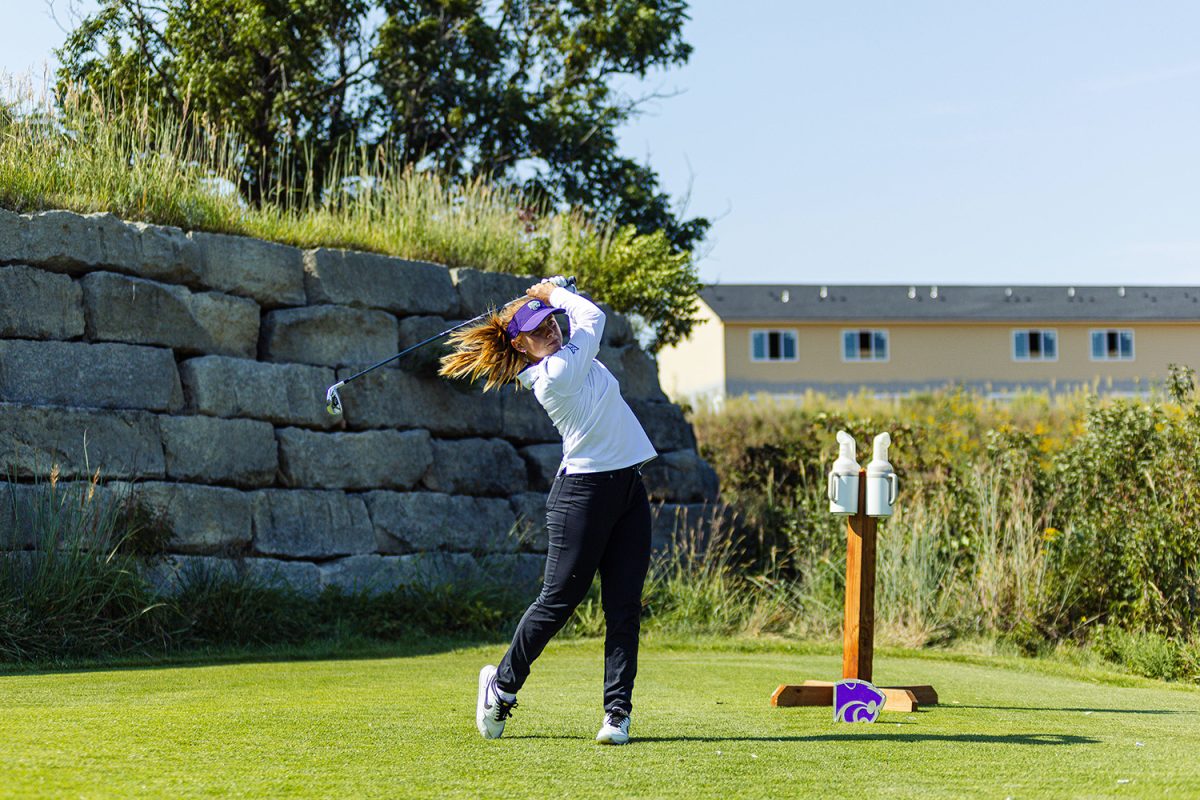 Senior Carla Bernat tees off at Colbert Hills during the Powercat Invitational. Bernat won the individual title. (Photo courtesy of K-State Athletics)