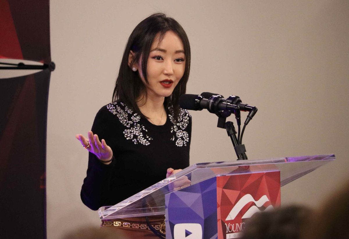 North Korean defector Yeonmi Park speaks to K-State students in the Union on Oct. 15. She shared the stories of her escape from North Korea and human trafficking. 