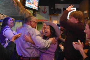 House candidate Angel Roeser and Senate candidate Brad Starnes celebrate their simultaneous lead in the Kansas general election on Nov. 5.