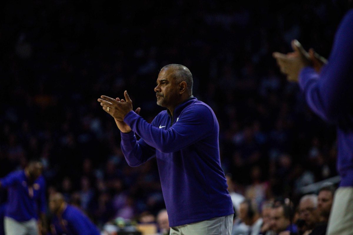 K-State head coach Jerome Tang rallies his team against LSU on Nov. 14. Tang, a former U.S. Virgin Islands resident, embarks on a homecoming in the Paradise Jam tourney.