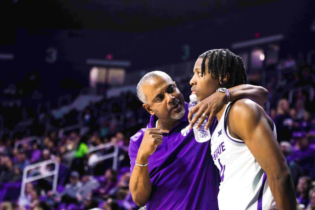 K-State head coach Jerome Tang encourages guard Dai Dai Ames during an exhibition game against Emporia State on Nov. 1, 2023. Ames transferred to Virginia during the offseason.