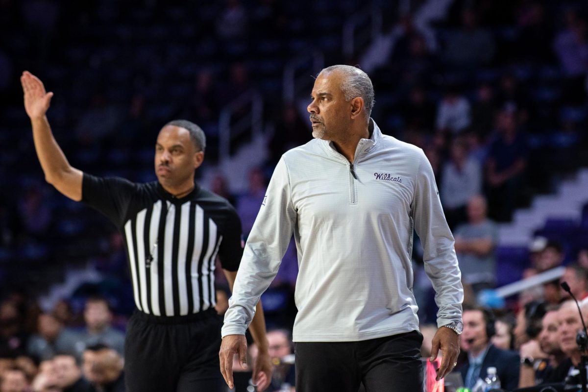 Head Coach Jerome Tang looks across the court during the second half against Texas Tech on Jan 14. Kansas State fell to the Red Raiders, 61-57.