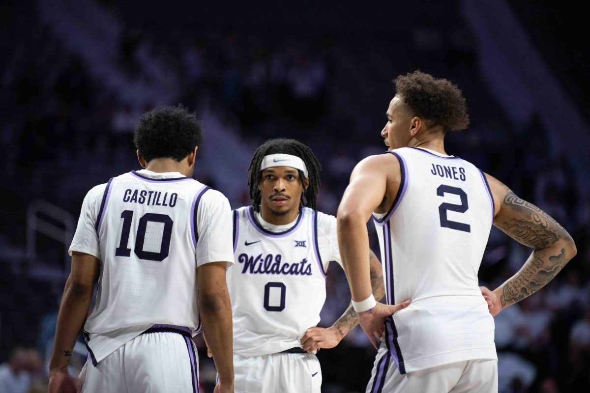 K-State guards Dug McDaniel, Max Jones and David Castillo gather together during K-State's 87-57 home loss to Houston on Saturday, Jan. 11. The 30-point loss was the worst under head coach Jerome Tang.