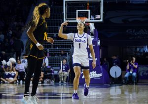 Kansas State guard Zyanna Walker celebrates a 3-point make in K-State win over Arizona State on Jan. 19. K-State tied a season-high of 3-pointers.