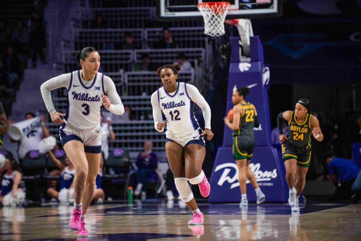 Forward Kennedy Taylor (12) and guard Jaelyn Glenn (3) hustle back to defense during the first quarter of the 79-62 loss against Baylor on Feb. 25.