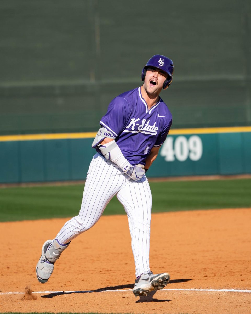 K-State's Seth Dardar celebrates after rounding the bases for a home run against No. 2 LSU. (Photo courtesy of K-State Athletics)