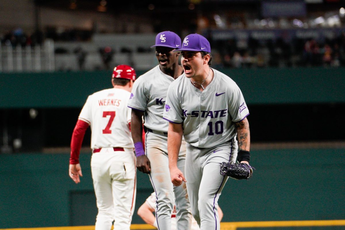 K-State pitcher Blake Dean celebrates after recording an out during K-State's upset of No. 5 Arkansas on Friday. (Photo Courtesy of K-State Athletics)