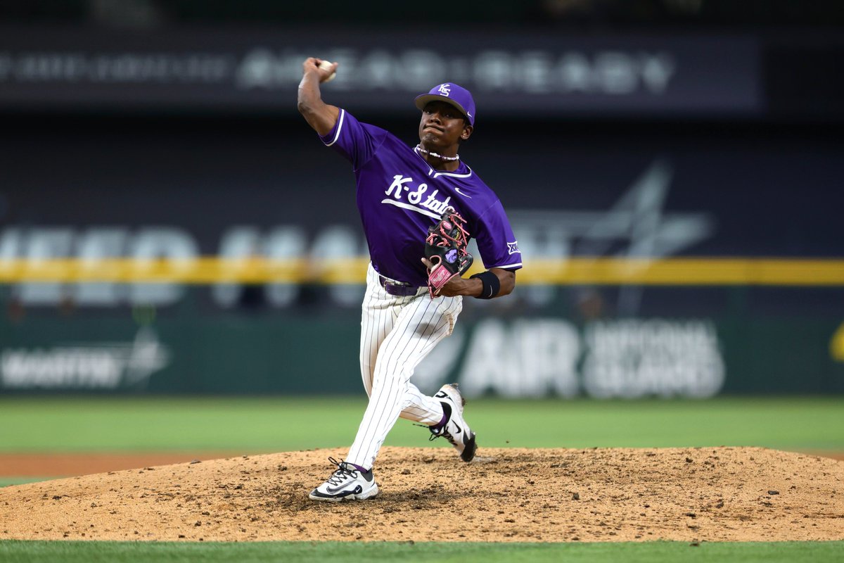 Freshman Donte Lewis hurls a pitch toward the catcher as K-State beat No. 25 Michigan in Arlington. “Donte Lewis was the difference-maker...his composure as a freshman was the real story of the game. He thrives in big moments,” head coach Pete Hughes said. (Courtesy of K-State Athletics) 
