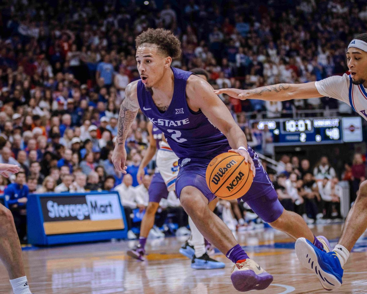 Kansas State guard Max Jones drives toward the basket as the Wildcats fell to the Jayhawks 84-74 on Jan. 19 at Allen Fieldhouse.