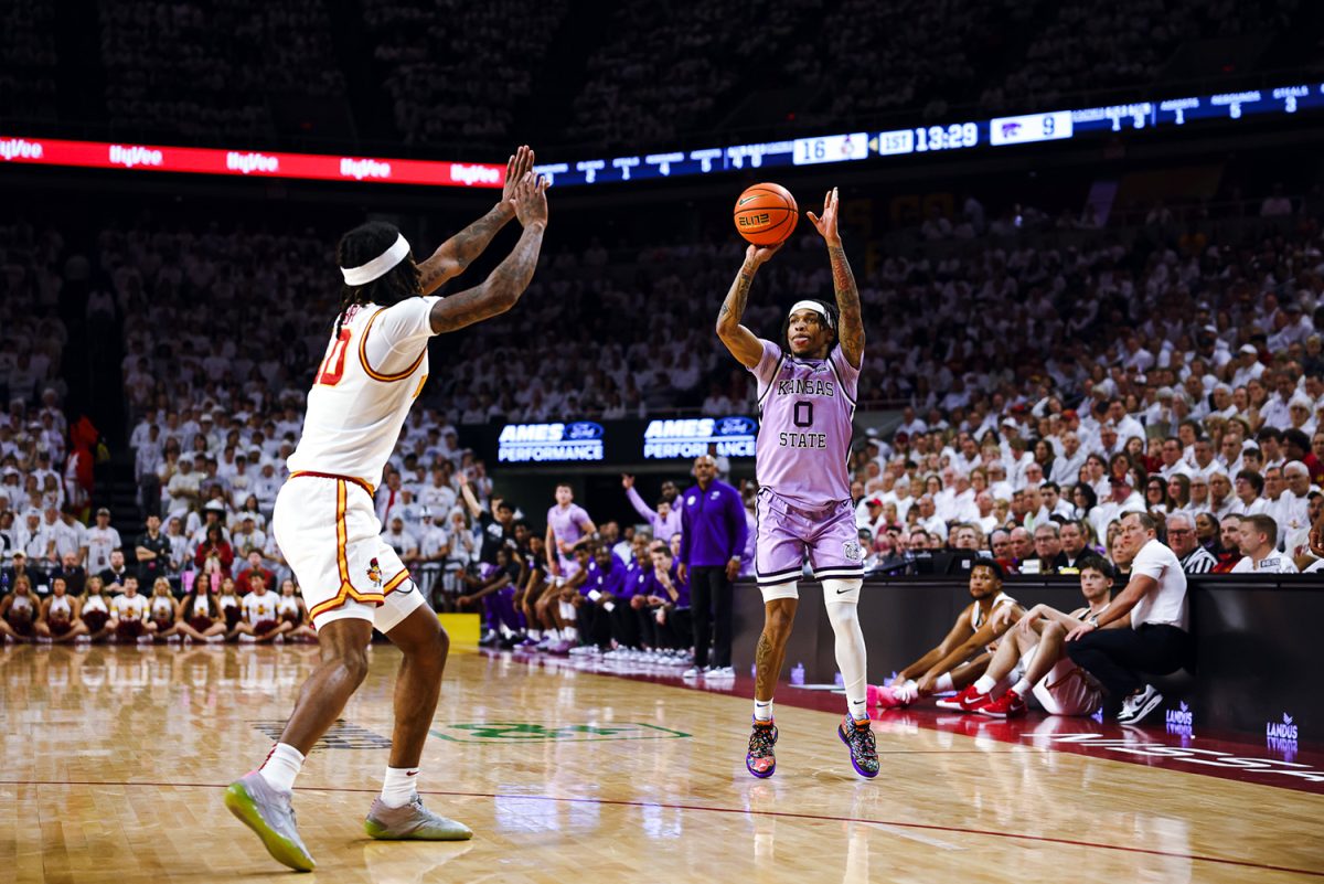 Kansas State guard Dug McDaniel attempts a 3-pointer against Iowa State on Saturday. The Wildcats upset No. 3 Iowa State 80-61 in Ames, Iowa. (Photo Courtesy of K-State Athletics)