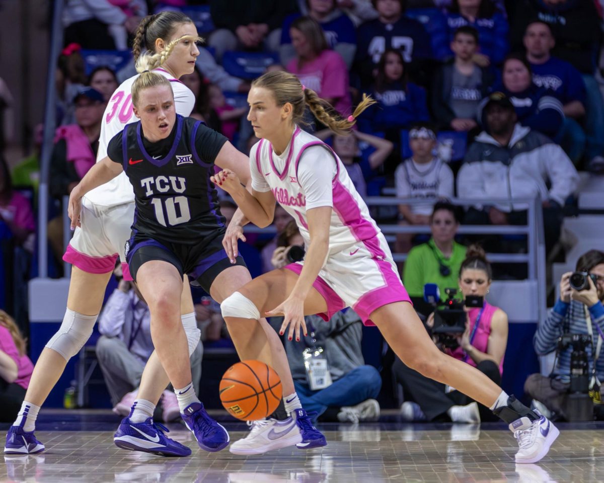 K-State guard Serena Sundell works against TCU’s Hailey Van Lith during at Bramlage Coliseum on Wednesday. The No. 12 Wildcats beat No. 9 TCU 59-50 in a defensive battle.