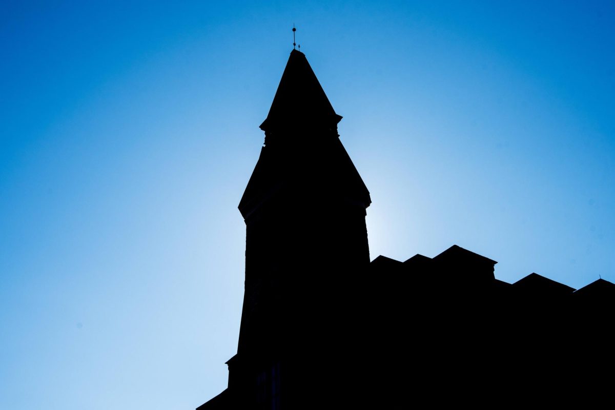 The silhouette of Anderson Hall's tower on a cold winter afternoon. The building hosts the Office of the President among other administrative offices for the university.