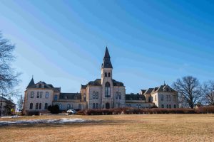 The stately Anderson Hall overlooks the lawn on a cold February afternoon. The building hosts many administrative branches of the university, including the Office of the President.