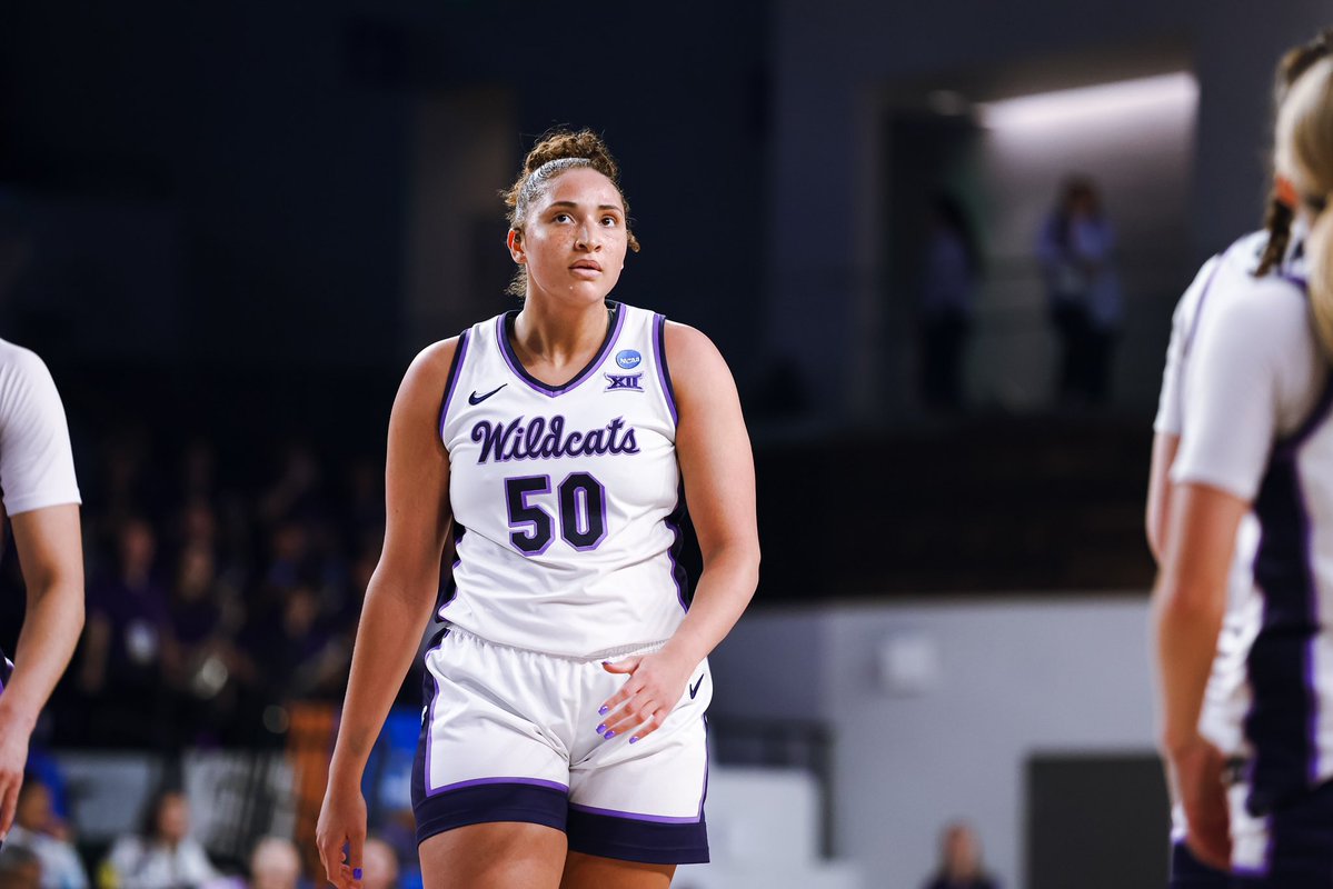 K-State center Ayoka Lee looks on during the first half of No. 5 seed K-State's 85-41 win over No. 12 seed Fairfield in the NCAA Tournament on March 21. Lee returned from injury and carded a double-double. (Photo courtesy of K-State Athletics)