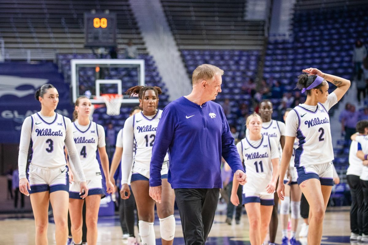 Kansas State players and head Coach Jeff Mittie stares down the Baylor Bears following the 79-62 loss in Bramlage Coliseum on February 25th.


