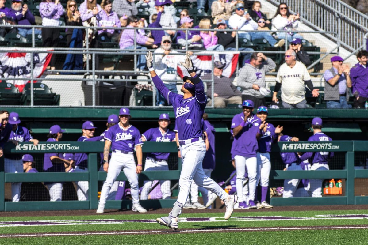 K-State shortstop Maximus Martin celebrates one of many home runs on the weekend as the Wildcats defeated William and Mary 20-6 in seven innings on March 9 at Tointon Family Stadium.


