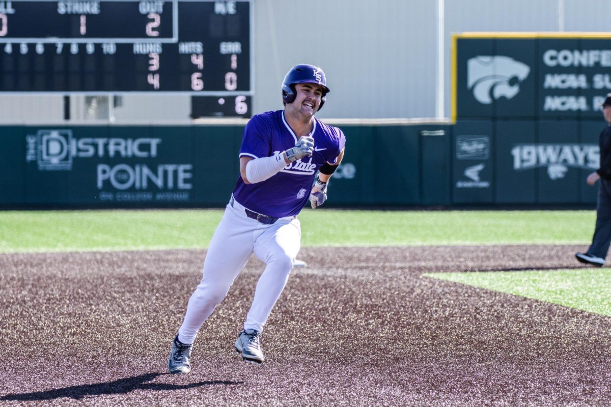 Bear Madliak hustles around the bases as a teammate hits a ball into play. The Wildcats defeated William and Mary 20-6 in seven innings on March 9 at Tointon Family Stadium.

