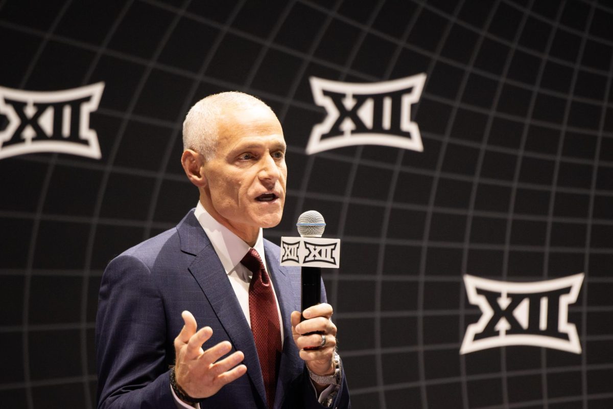 Big 12 Commissioner Brett Yormark gives an opening speech at the Big 12 Tipoff on Oct. 17, 2023 at T-Mobile Center in Kansas City, Mo.