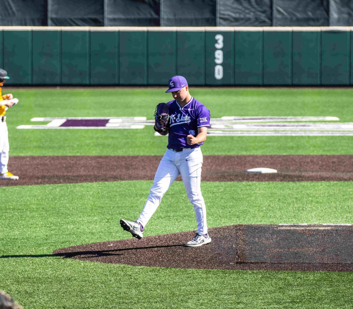 Left-handed pitcher Lincoln Sheffield celebrates a strike out to end the inning. The Wildcats defeated William and Mary 20-6 in seven innings on March 9 at Tointon Family Stadium.