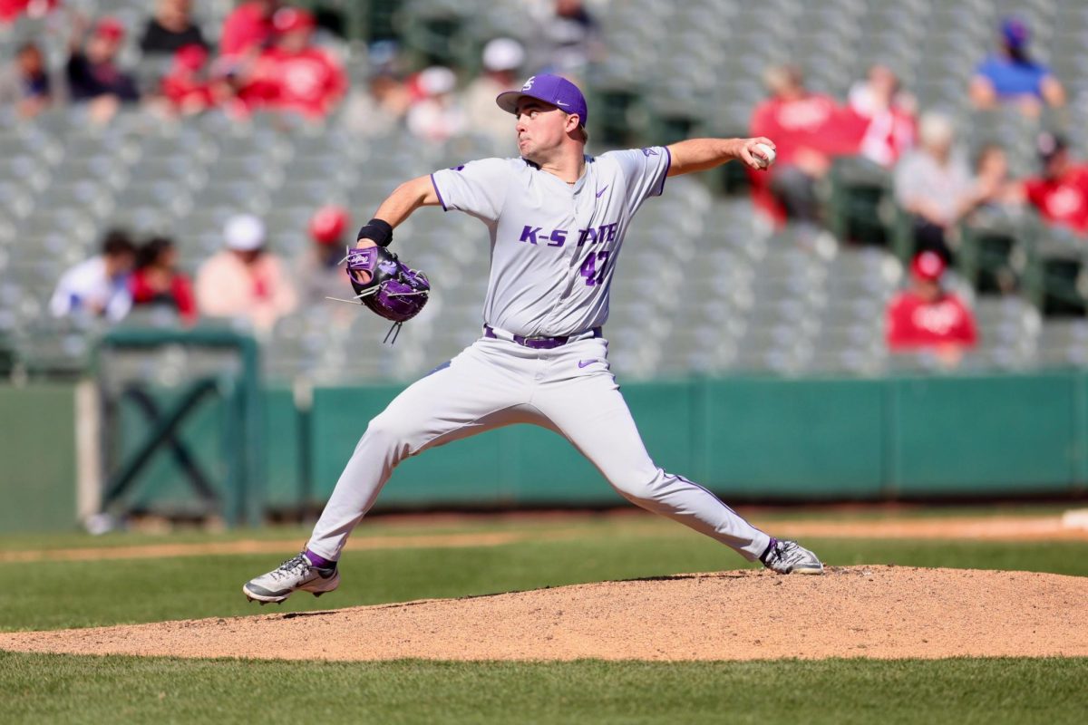 K-State left-handed pitcher Lincoln Sheffield hurls a pitch toward home plate during K-State's win over Nebraska in the Frisco Classic on Sunday. Sheffield recorded seven strikeouts and allowed two runs in 6 1/3 innings. (Photo courtesy of K-State Athletics)