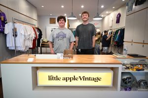 Owners of Little Apple Vintage, Matthew Klassen and Andrew Kemp. Located at 622 N Manhattan Ave in Aggieville, Little Apple Vintage Shop offers a variety of curated vintage clothing. Inspired by the Little Apple Vintage Flea Market, the storefront opened its doors on April 5, 2025.