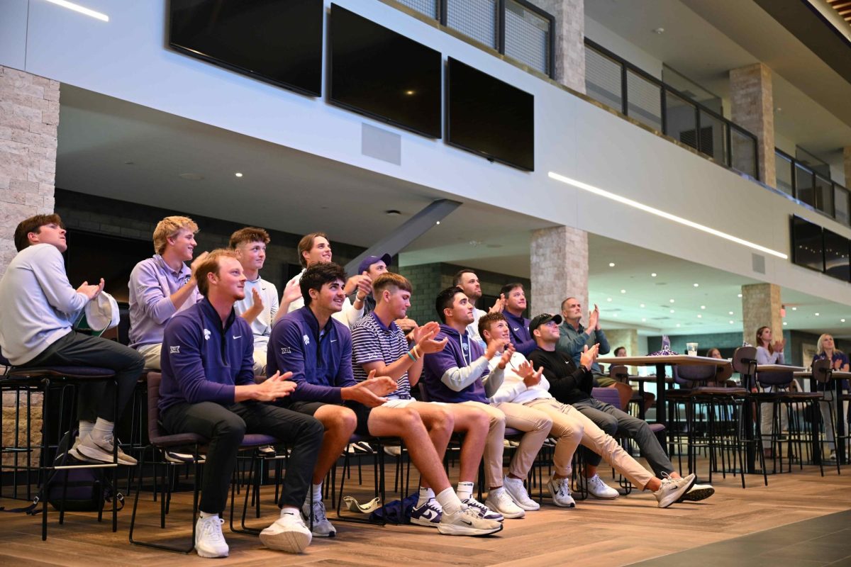 The K-State Men's Golf team celebrates its regional destination selection during the Selection Show on April 30, 2025. 