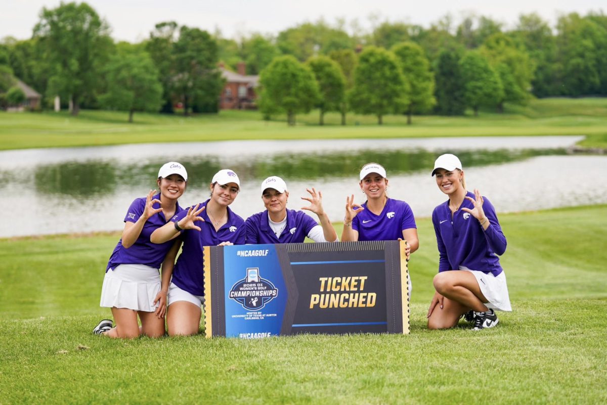 K-State women's golf flashes the "Go 'Cats" hand sign after clinching the program's first trip to the NCAA Championships on Wednesday at the Lexington Regional, hosted by Keene Trace Golf Club. (Photo courtesy of K-State Athletics)