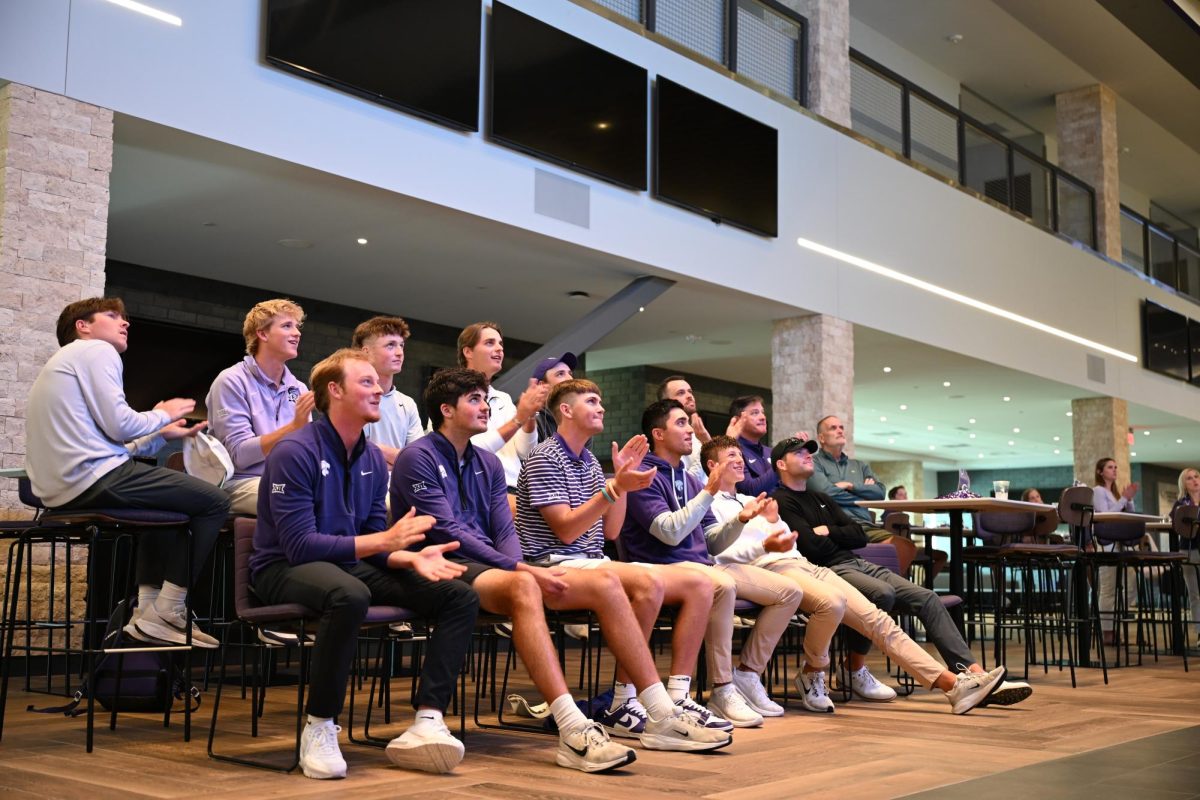 The K-State Men's Golf team celebrates its regional destination selection during the Selection Show on April 30, 2025. 