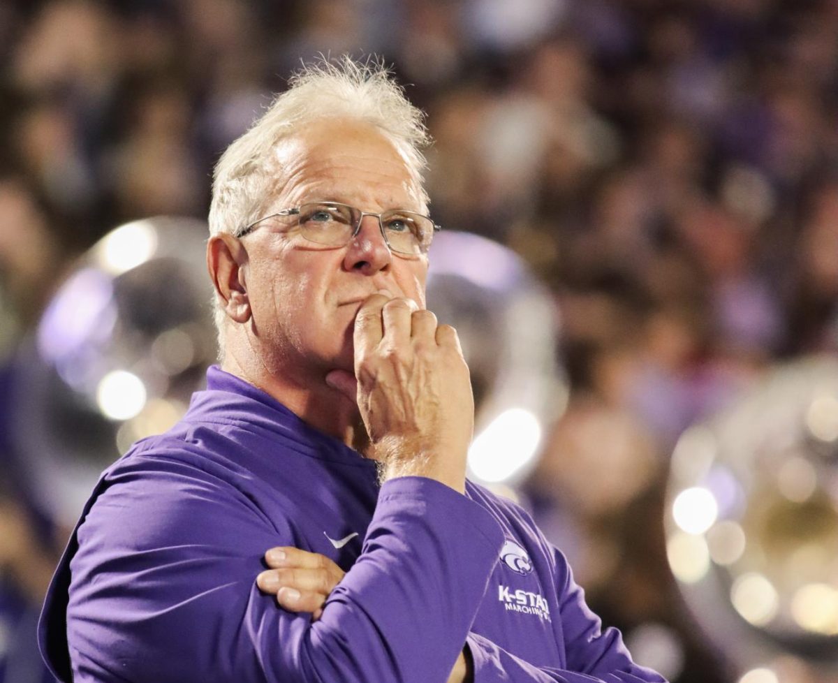 Dr. Frank Tracz looks out towards the scoreboard during the Sunflower Showdown football game against Kansas on October 26, 2024. 