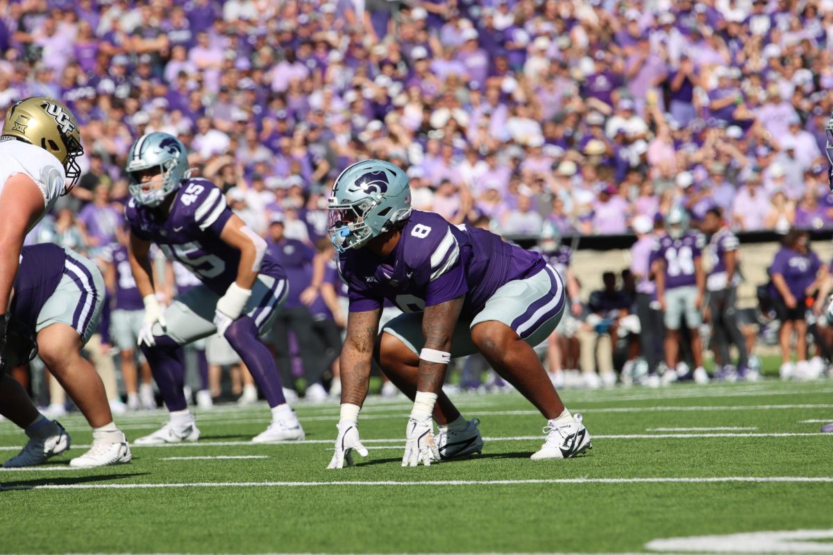 Chiddi Obiazor gets down and ready on defense to stop the progress of UCF offense during the game on Sept. 27, 2025 at Bill Snyder Family Stadium.  