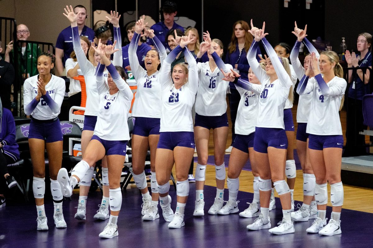 Outside hitter, Shaylee Myers and middle blocker Jordyn Williams go up for the block against North Carolina State on Sept. 3. The Volley Cats swept NC State in three sets. 