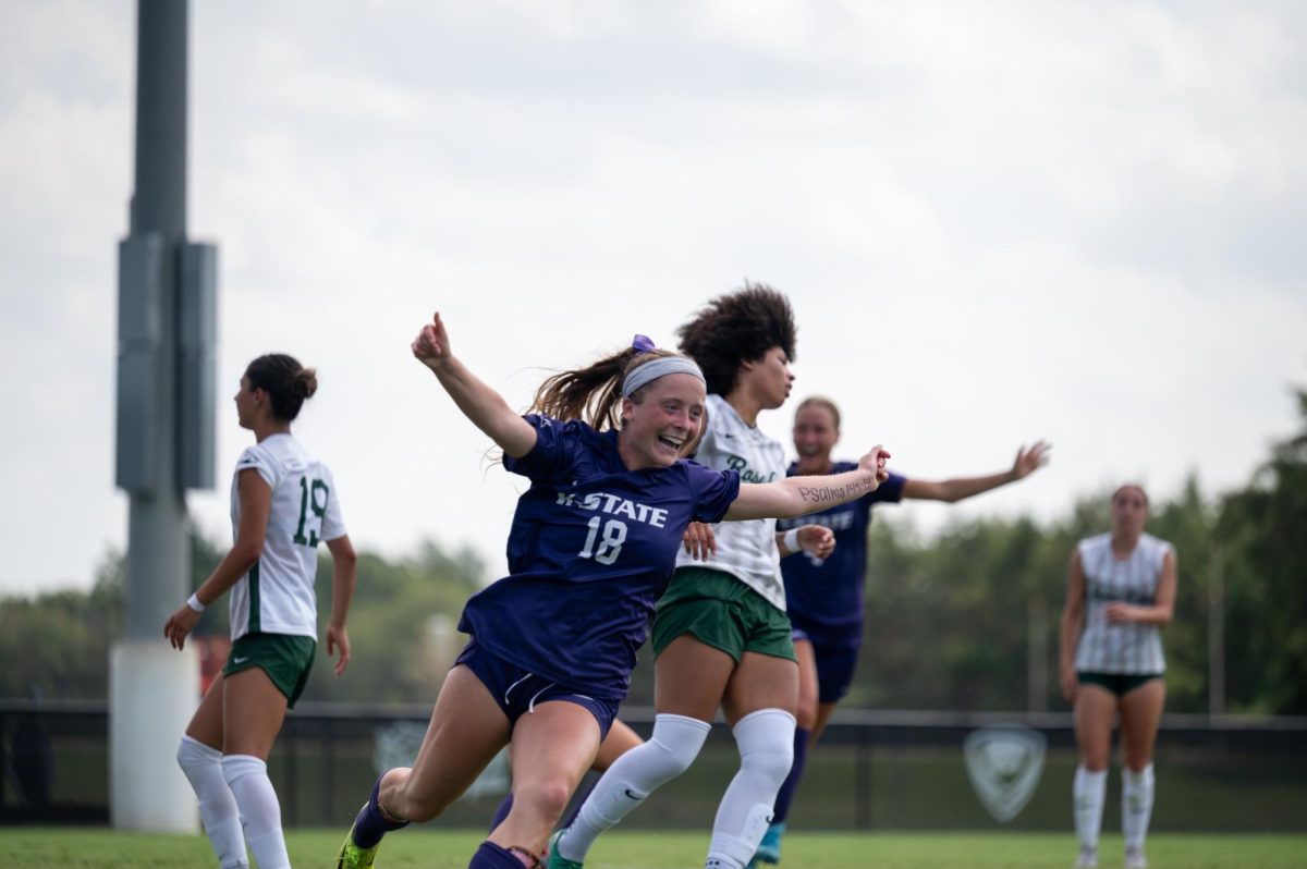 Sophomore forward for K-State, Hannah Palmer celebrates after scoring a goal against Portland State on Aug. 17. Palmer has two career goals and first of the season. (Photo courtesy of Ashton Todd)