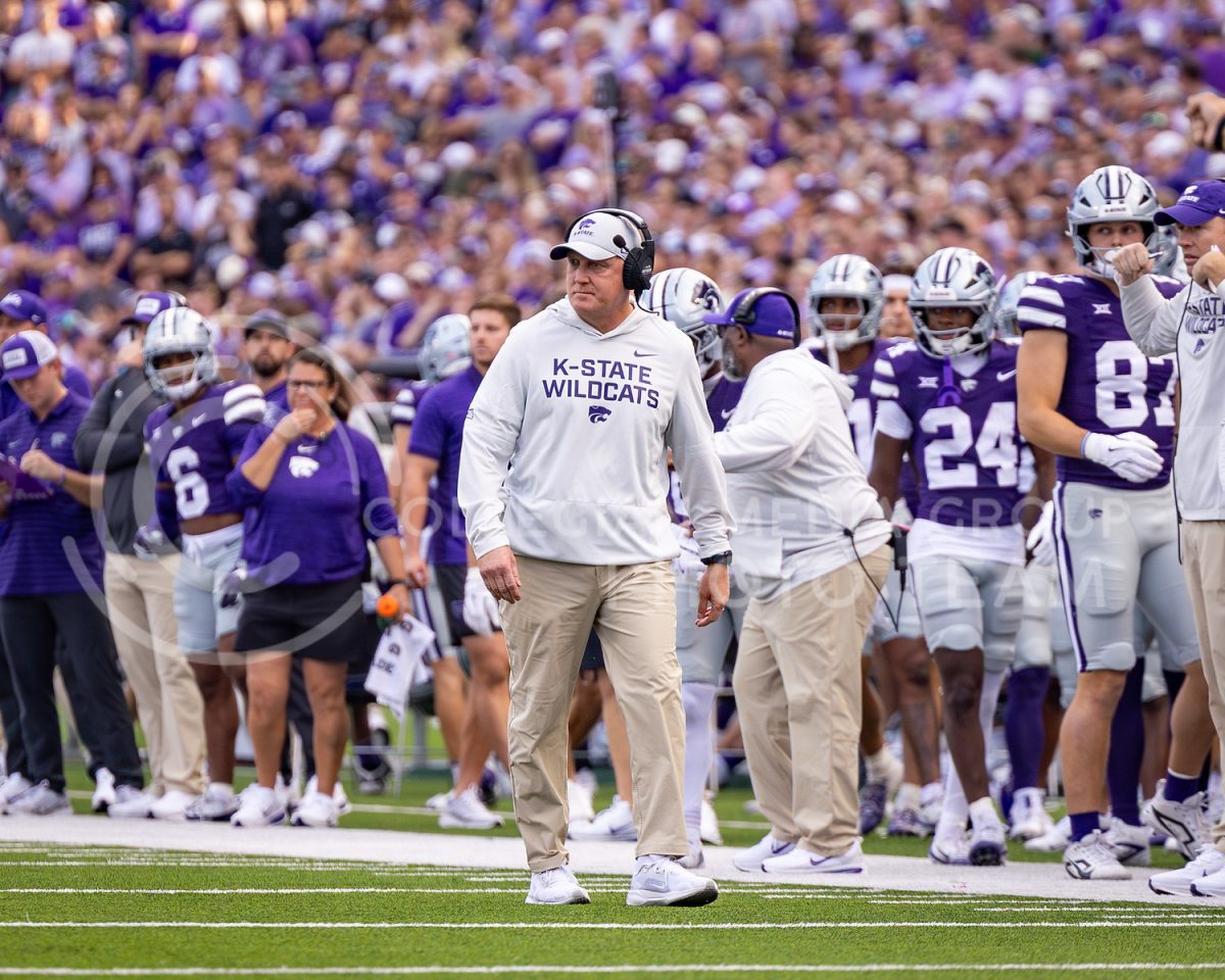 Kansas State Football Head Coach Chris Klieman looks at his team on the field as the set up for the next drive against Army on 9.6.25. The Wildcats fell to Army, 21-24.