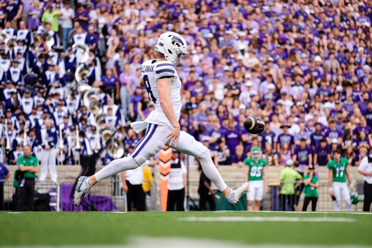 Kansas State punter Simon McClannan (8) rears back to punt the ball during the opening drive against North Dakota on August 30, 2025.